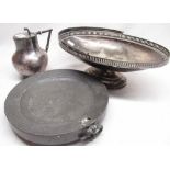 Pewter warming dish, pewter hot water jug and silver plated oval fruit bowl (3)