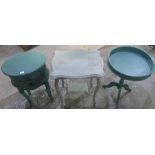 Pine painted teal circular topped occasional table on turned wooden stand and tripod legs Diameter