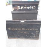 Early C20th black Japaned strong box "Mr Richard Blackburns Estate" W61.5cm D41.5cm H39.5cm, four