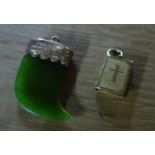 9ct gold and jade pendant and Small yellow metal pendant in the firm of a prayer book with miniature