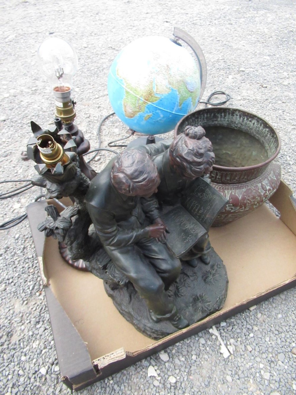 Indo Persian copper jardinière, illuminated terrestrial globe, art nouveau table lamp, figural table