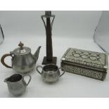 Tudric Hammered Pewter Batchelors Three Piece Tea Service, Arts and Crafts Style Metal and Wood