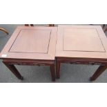 Pair of Chinese hardwood square topped occasional table with carved details and tapering supports