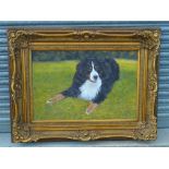 Artist L.Gray, study of a collie dog, textured print on canvas, signed, in a heavy gilt frame.