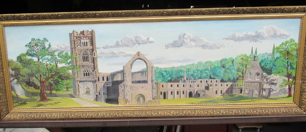 Philip J Boville, (C20th): Rievaulx Abbey", oils on canvas, signed and dated Sep. 1973 45cm x 152cm