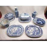 Blue and white meat platter, tureens and a Rington's blue and white lidded top