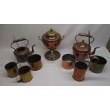 Brass & copper Jamonur, two copper kettles, collection copper and brass mugs, pans, etc