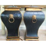 Pair of Chinese style table lamps, black crackled finish with gilt lion mask handles and bases H47cm