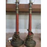 Set of Regency style gilt metal and faux skin table lamps on stepped circular bases H43cm
