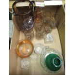 Box of various glassware including water jug with painted flamenco design and a set of six