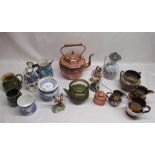 Linthorpe kettle marked 628, Crown Staffordshire bird modeled by JT Jones, jugs, candle snuffer etc