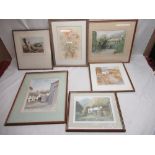Three watercolours of country villages, a still life watercolour signed E Oatway and two prints (6)