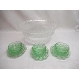 large cut glass bowl and three green glass bowls, six green glass plates