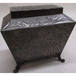 Mid Victorian tea caddy of sarcophagus design, cast decoration of foliage and scrolling acanthus
