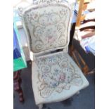 C20th Rococo revival cream finish side chair with gros point needlework back and seat on acanthus