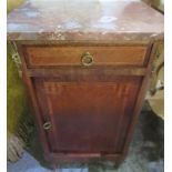 Pair of French kingwood bedside cabinets, marble tops and single drawers, part marble lined