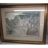 large signed print of a French village/river scene by Francis Russel Flint and print of sailing ship