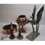 Contemporary artisan made steel duck taking flight, two brass finish table lamps, late C20th oval