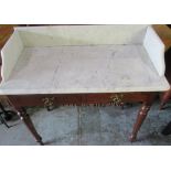 Victorian mahogany rectangular wash stand with white marbled galleried back with gothic brass