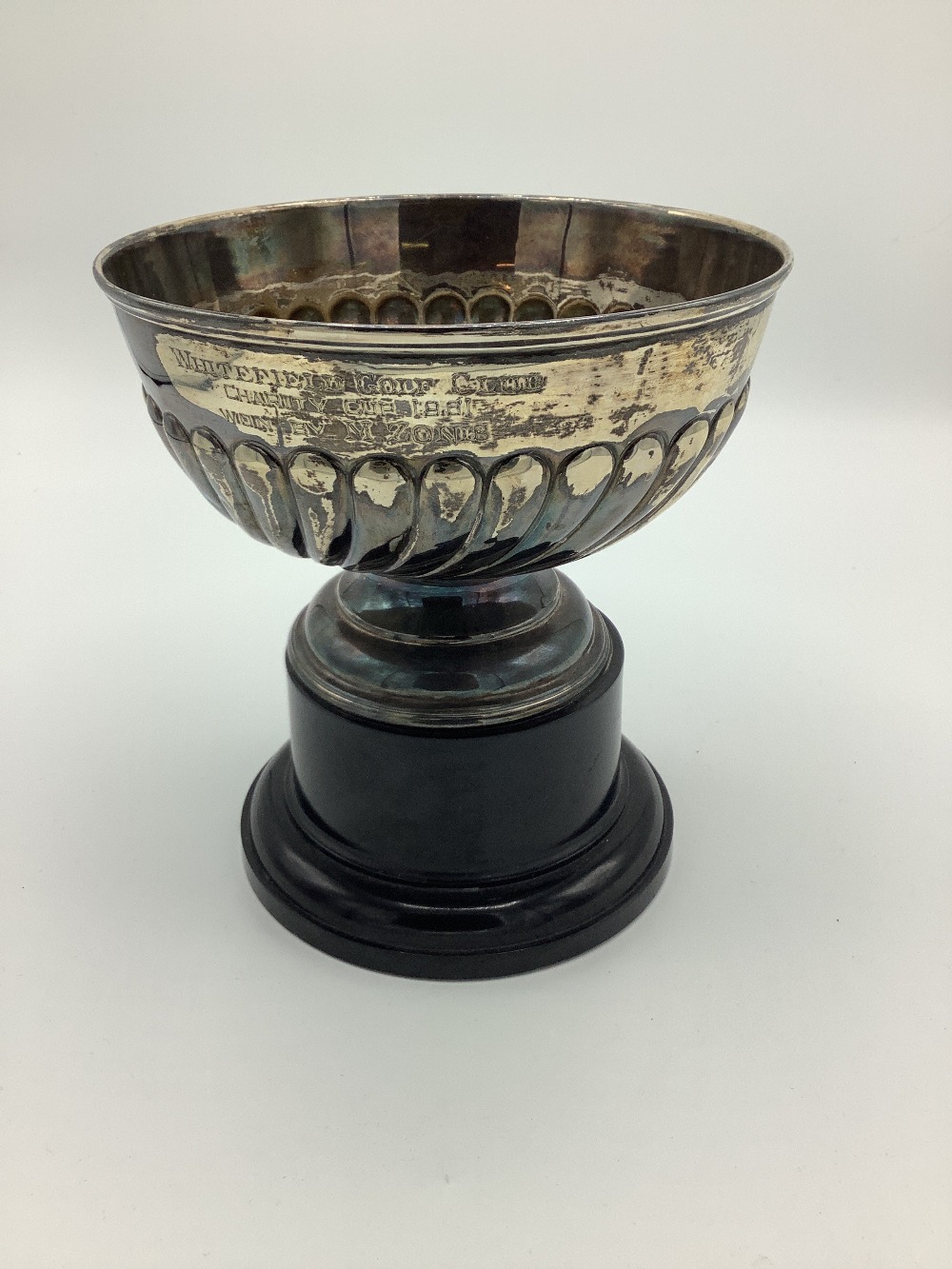 Late Victorian silver presentation rose bowl, gadrooned body on circular stepped foot and Bakelite