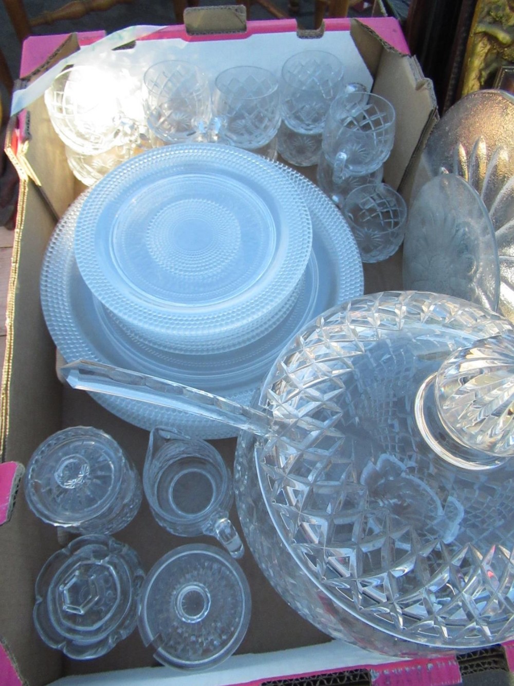 Large lead crystal diamond pattern punch bowl, cover and ladle with twelve single handled cups,