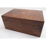 Mid Victorian figured mahogany writing box, blank brass cartouche and escutcheon opening to reveal