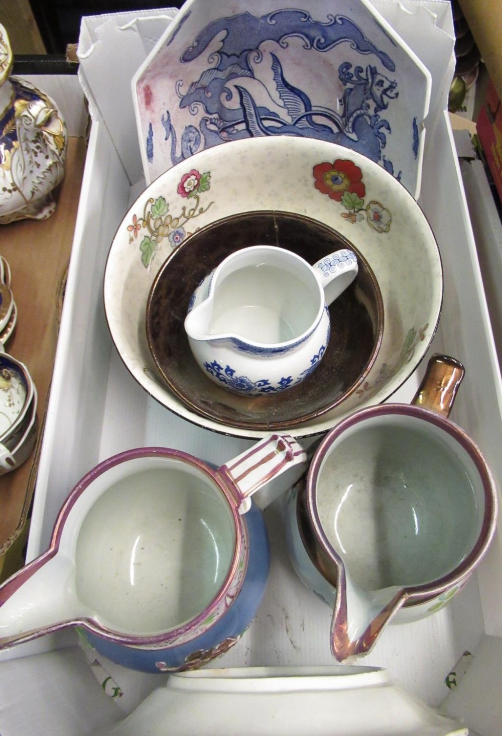 Two C19th lustre jugs, C19th Masons patent fruit bowl, blue & white dragon decoration & selection of