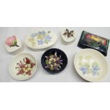 Moorcroft Campanula lidded dish, matching pin tray D12cm, 2 Moorcroft Columbine pin trays D9cm, 2