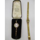 9ct gold Ladies wristwatch with hand wound Swiss made with mother of pearl dial, 15 jewel movement