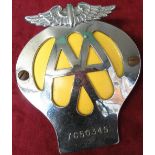 Teenage Cancer Trust Fundraiser - yellow and chrome vintage AA car badge no. 7C50345