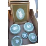 Wedgwood green Jasperware: pair of plaques, pair of powder bowls and covers, another powder bowl and