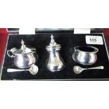 Teenage Cancer Trust Fundraiser - Cased Birmingham silver hallmarked 1981 three piece cruet set,