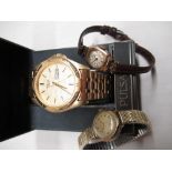 Ladies rotary mechanical wristwatch 9ct rose gold case on brown leather strap, two tone silver