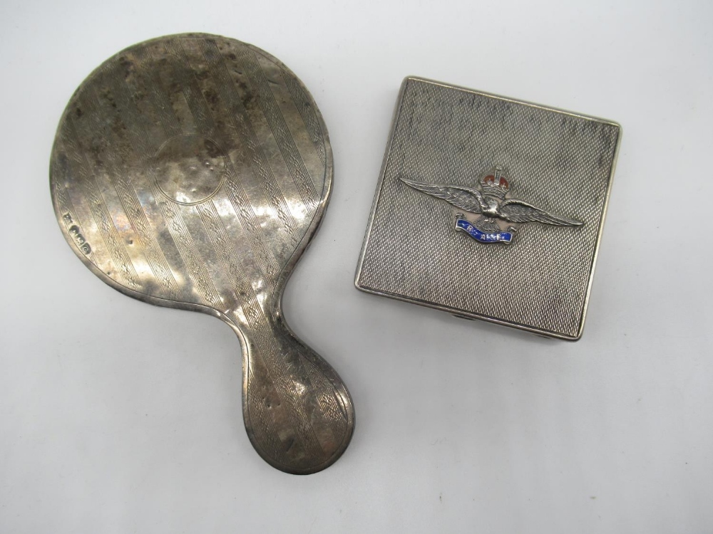 Hallmarked Sterling silver compact with enameled sweetheart RAF badge to front by BB, Birmingham,
