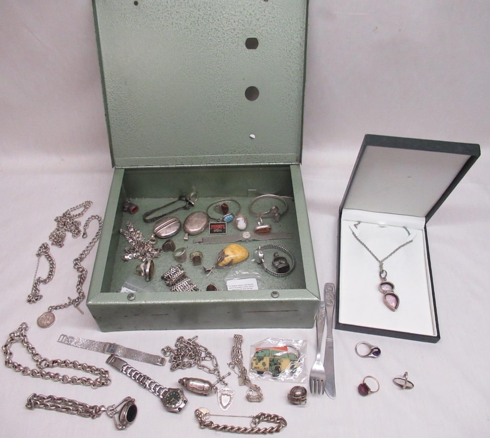 WITHDRAWN -Metal box containing various silver and silver plate rings, bracelets, necklaces etc
