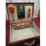Art Deco period ladies travelling vanity case embossed red rexcine case with chrome plated fittings,