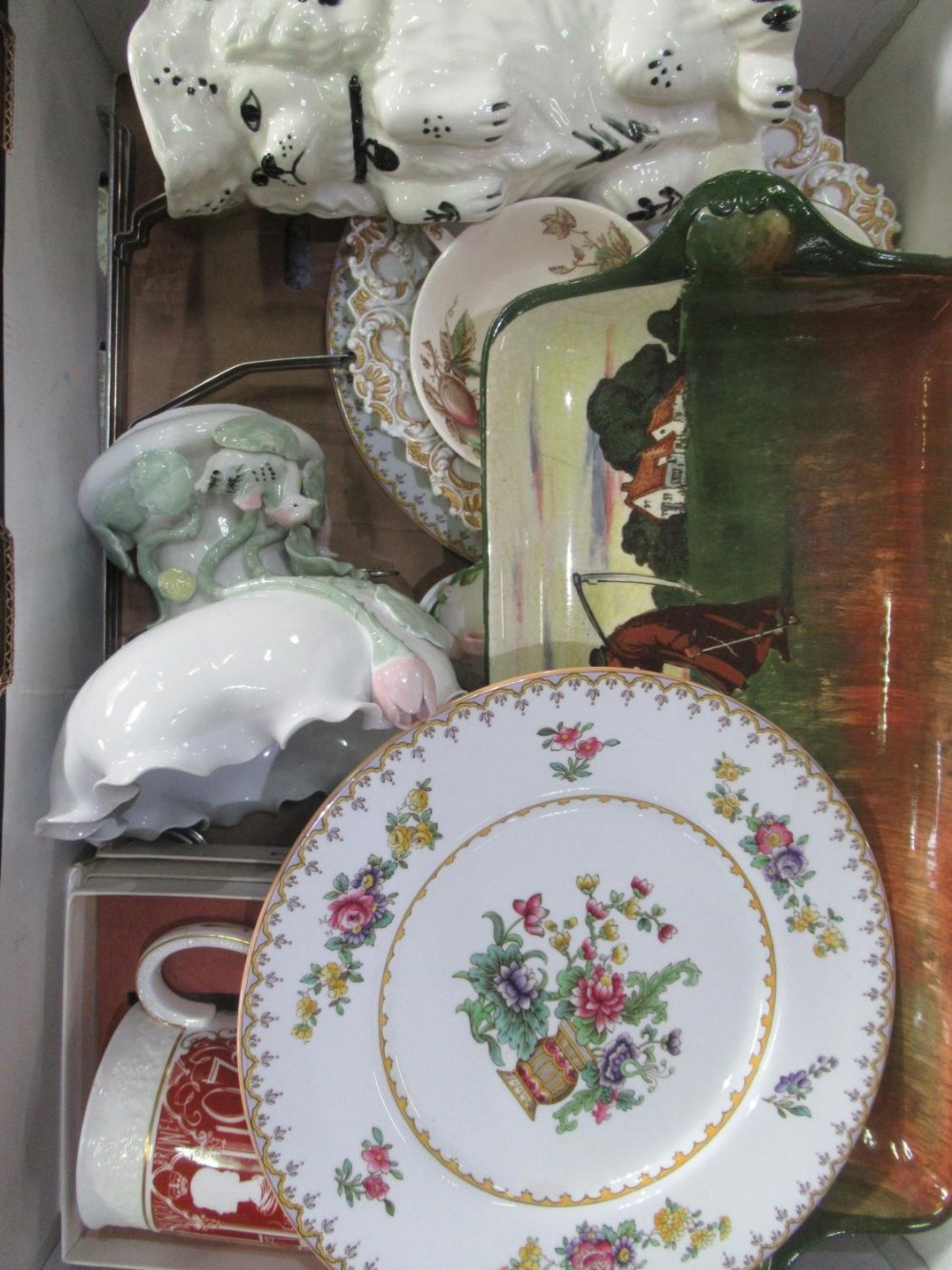 Trio of Shelley plates with stand, Royal Doulton serving dish, jug in the form of a begging dog etc