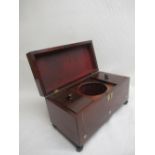 Early Victorian mahogany tea caddy with inlaid white metal stringing and mother of pearl roundels,