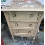 French Empire style small chest with three drawers, inset marble top on fluted tapered supports
