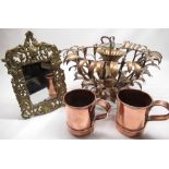 Early C20th cast brass and pierced dressing table mirror with strut back, pair of C19th style copper