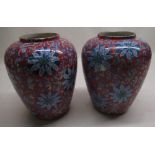 Pair of Victorian Wood & Sons Chung baluster vases overall red ground with blue chrysanthemum and