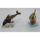 Royal Crown Derby tropical fish "Guppy" paperweight gold cap, dolphin paperweight uncapped