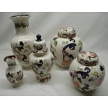 Large Mason's Mandalay pattern ginger jar and cover H25cm, smaller ginger jar, hexagonal vase H31cm,