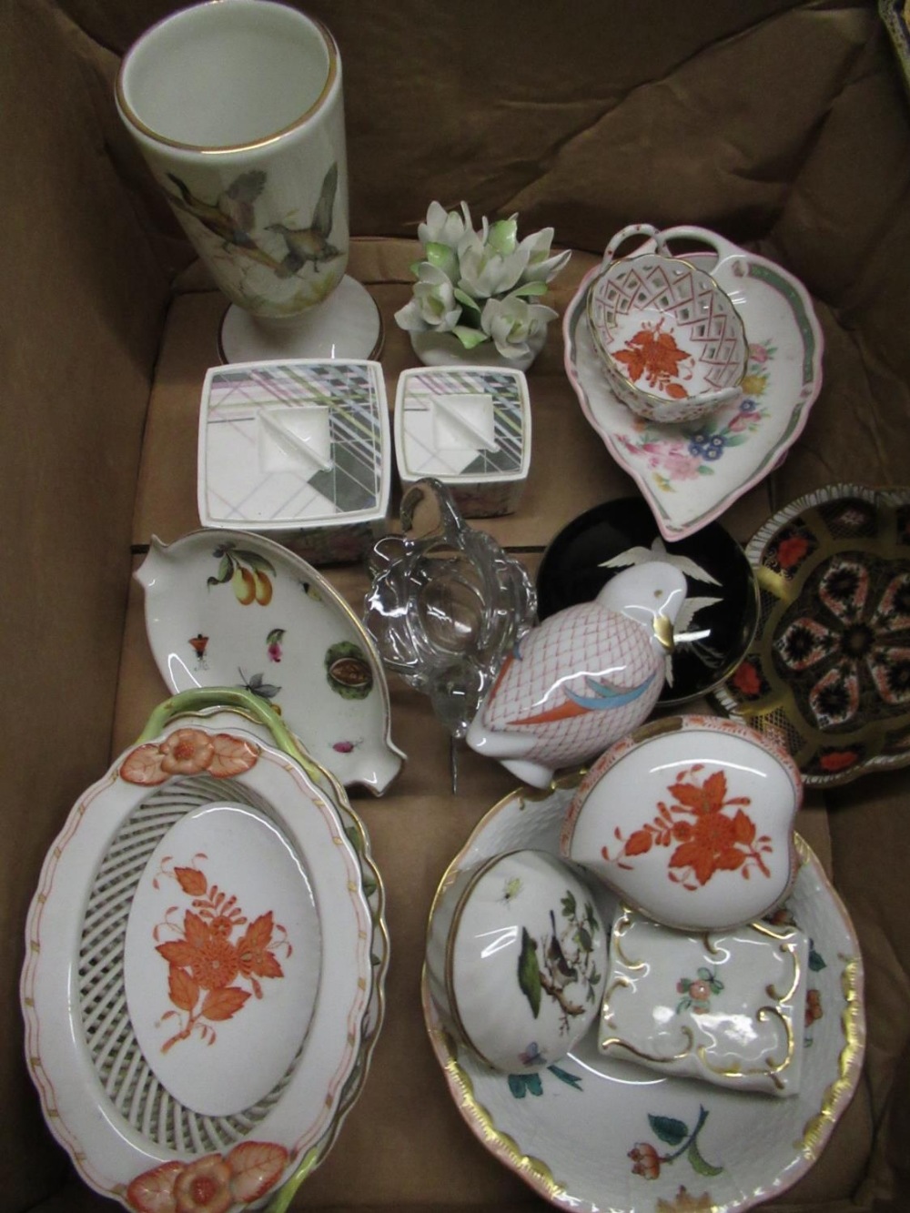 C20th Herend pin dish with lattice work sides hand painted decoration, Royal Crown Derby Imari