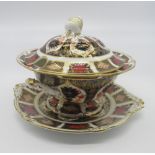 Royal Crown Derby 1128 Old Imari pattern - sauce tureen, cover and stand with acorn finial LXII in