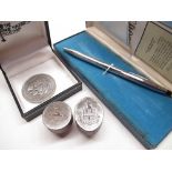 Two late C19th matching steel armorial letter seals, Charles and Diana crown, Cross ballpoint pen in