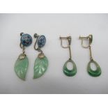 Pair of Indian screw clip earrings with silver and enamel roundel and etched jade drop leaf L4cm,