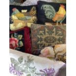 Collection of embroidered cushions including hen and cock with chicks, kittens (10)