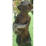 Composite stone over fiberglass statue of small child carrying basket of flowers H87cm