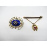 Victorian 9ct rose gold bar brooch with three garnets mounted in horseshoe pendant suspended on a